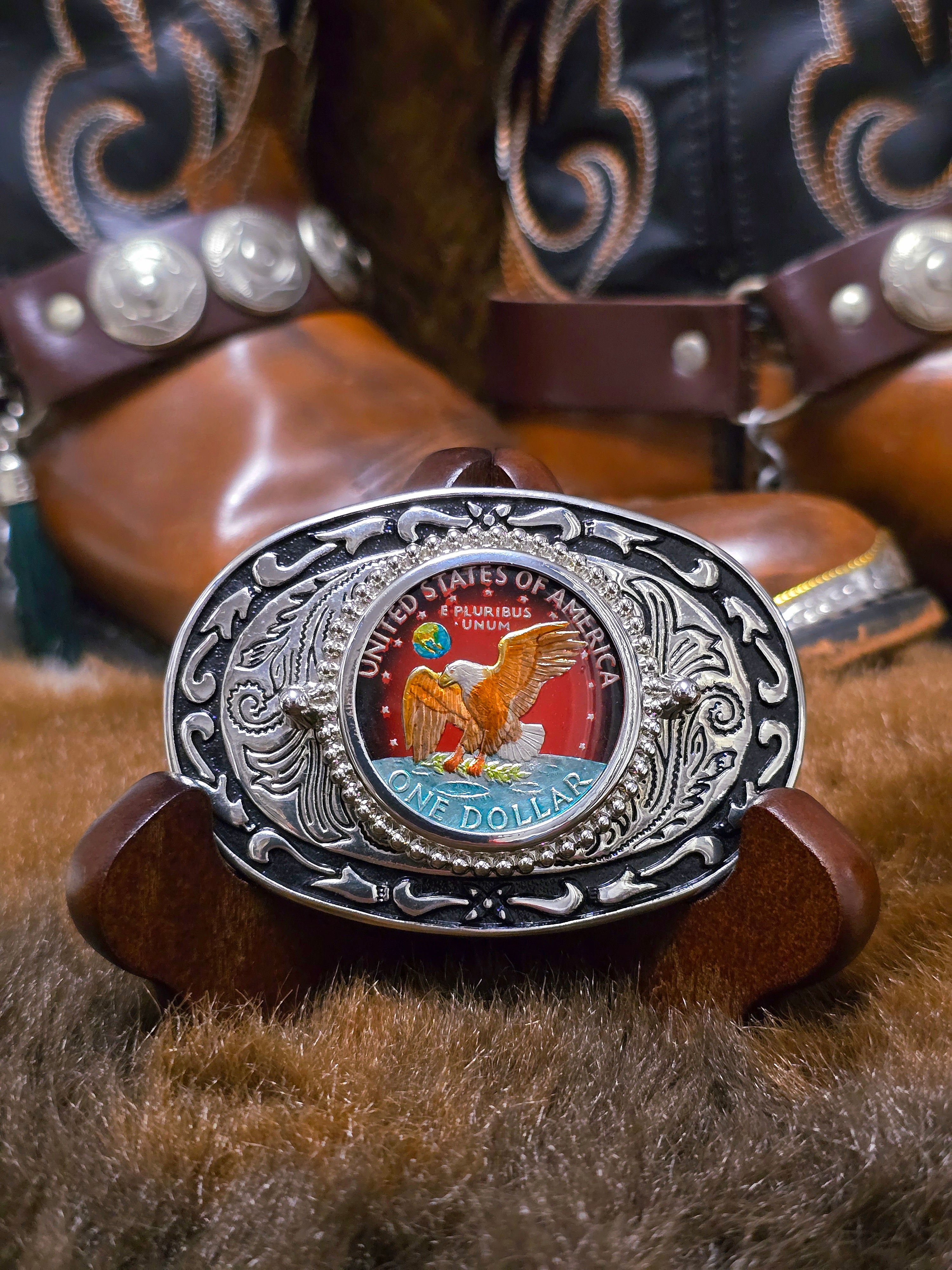 Genuine Eisenhower Dollar Coin Hand Painted Buckle