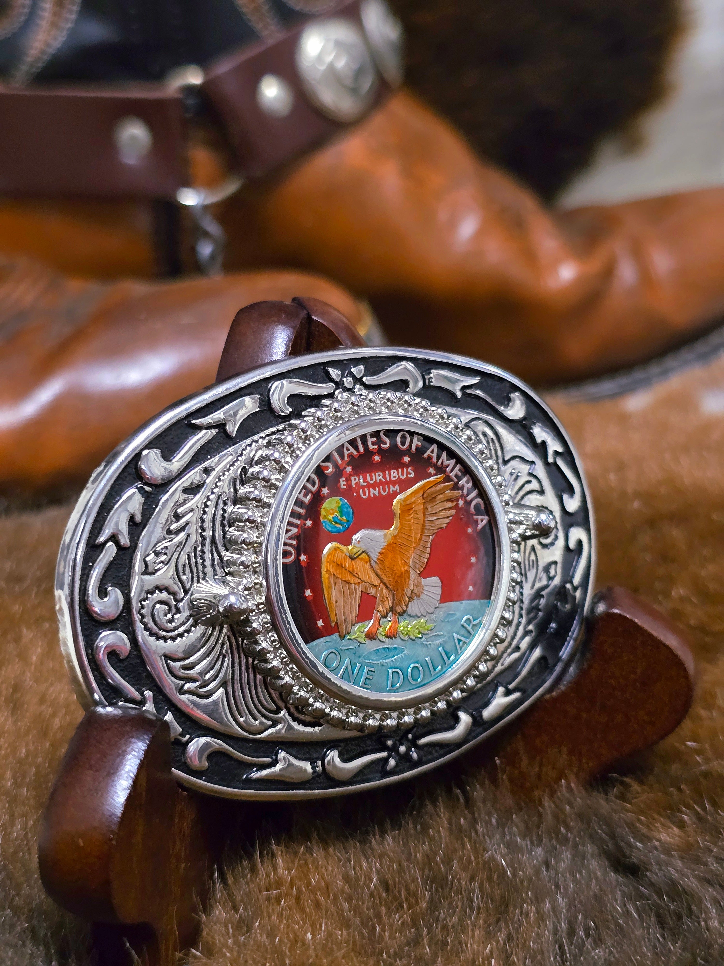 Genuine Eisenhower Dollar Coin Hand Painted Buckle