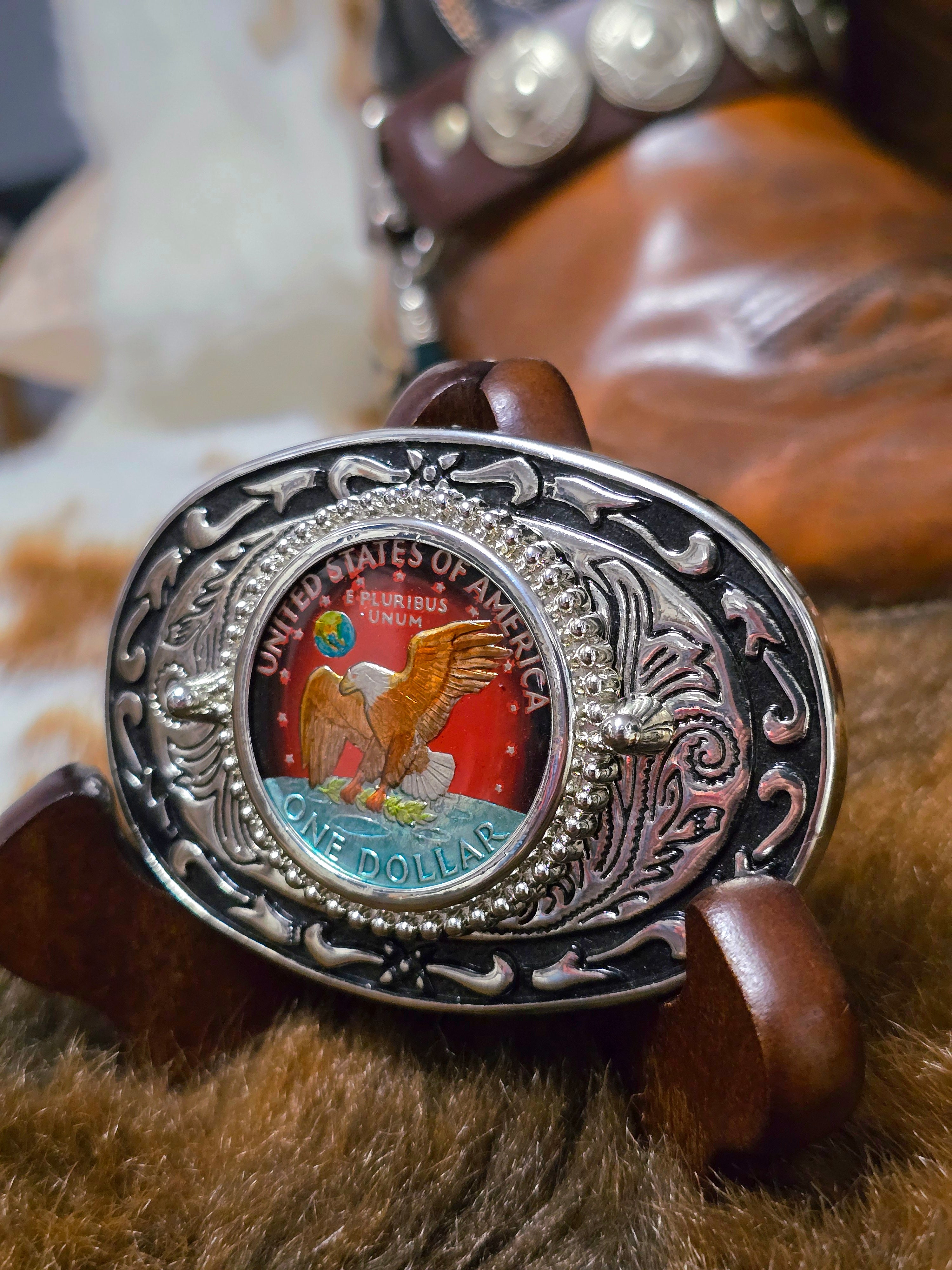 Genuine Eisenhower Dollar Coin Hand Painted Buckle