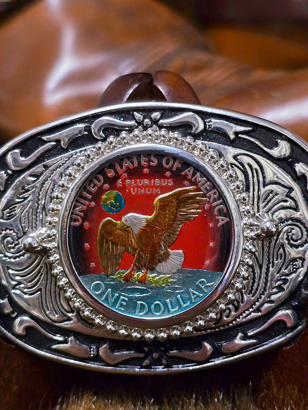 Genuine Eisenhower Dollar Coin Hand Painted Buckle