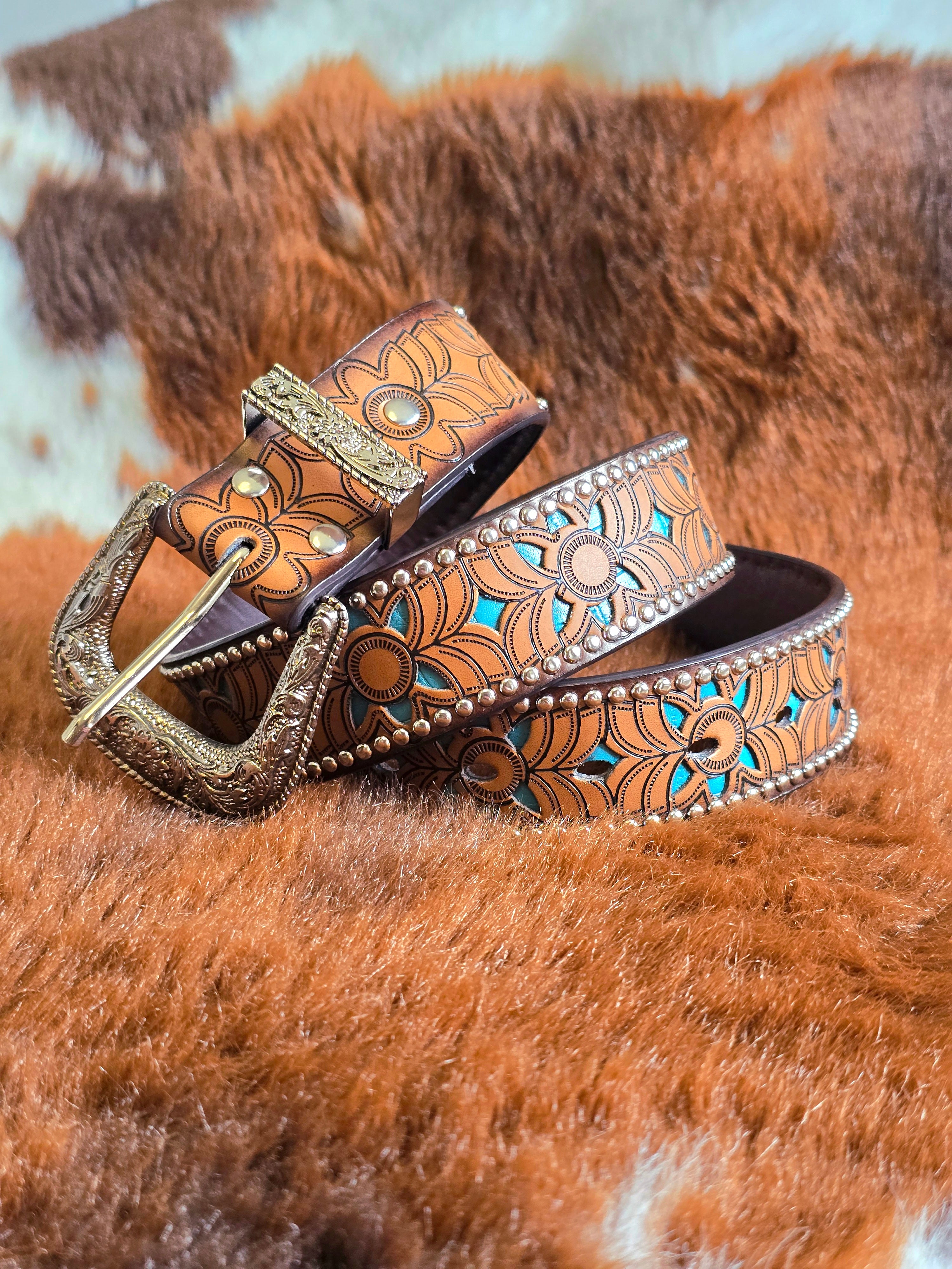 Vegan Friendly Brown & Turquoise Cowgirl Belt