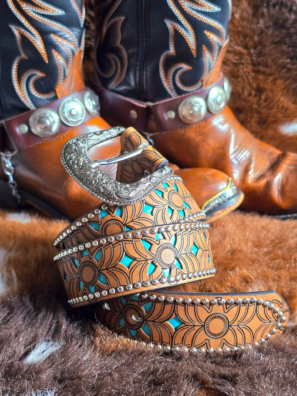 Vegan Friendly Brown & Turquoise Cowgirl Belt