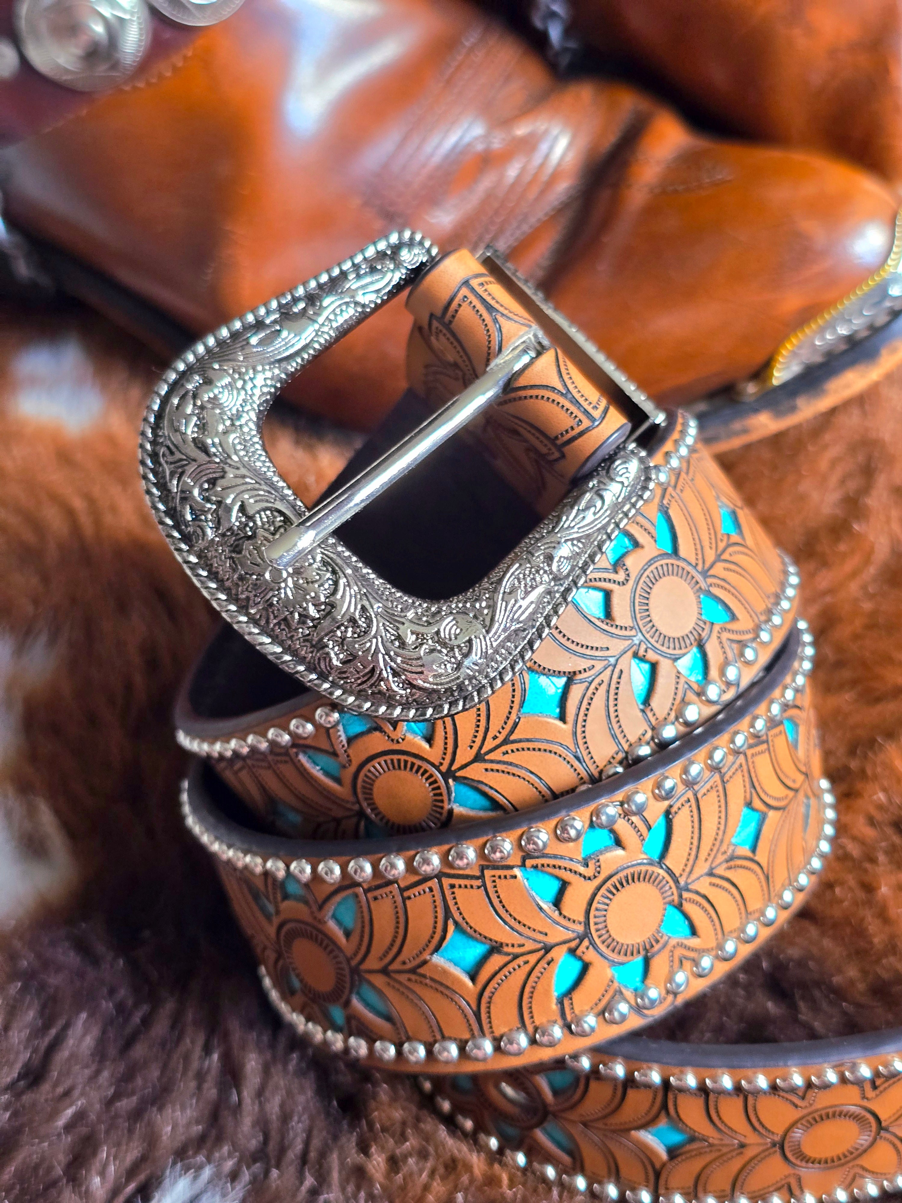 Vegan Friendly Brown & Turquoise Cowgirl Belt