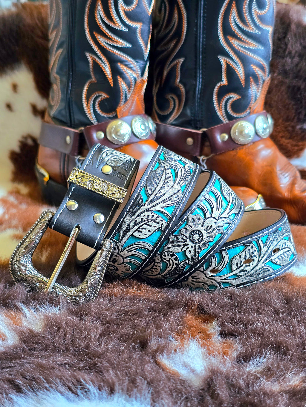 Vegan Friendly Grey & Turquoise Cowgirl Belt