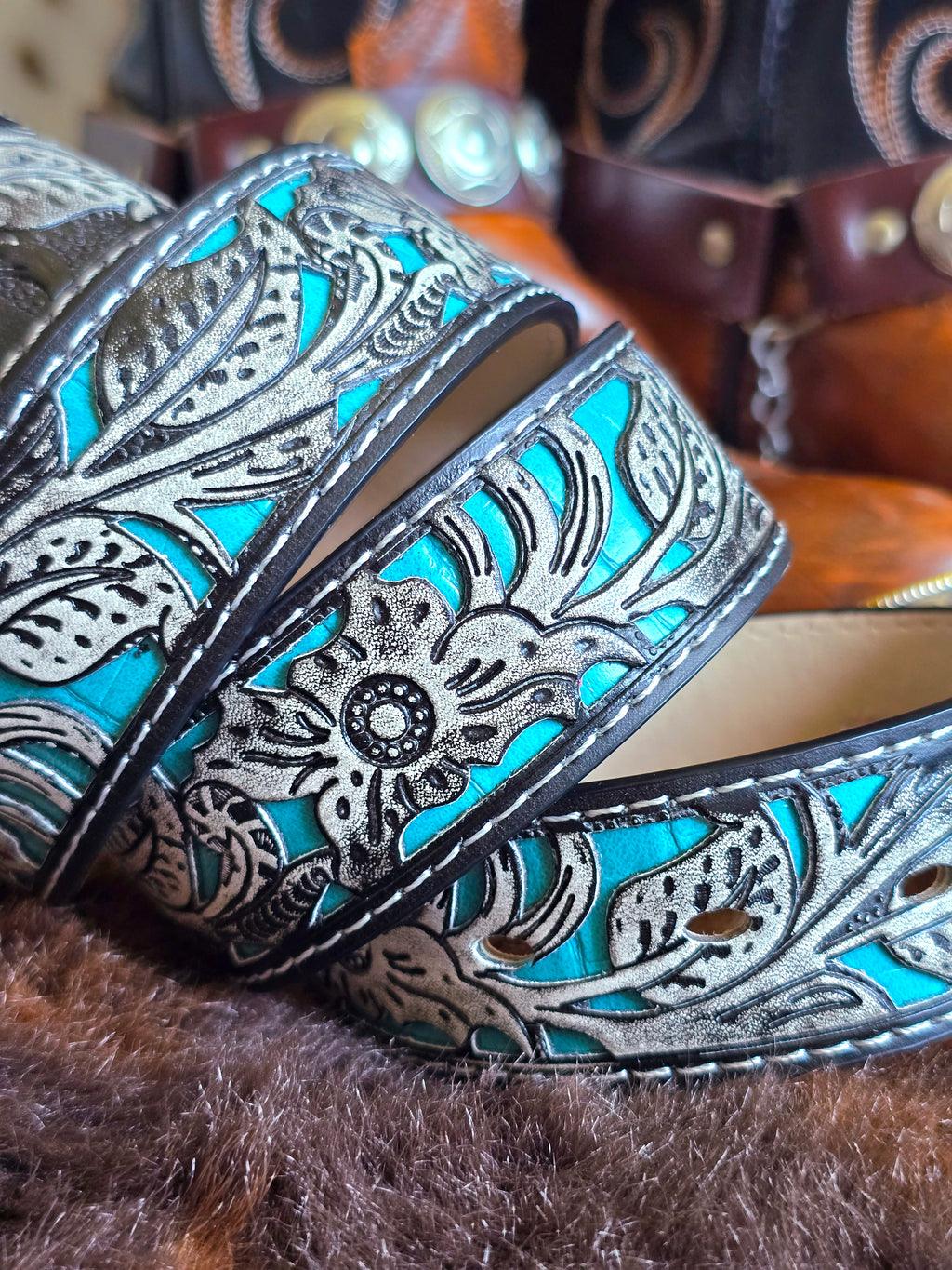 Vegan Friendly Grey & Turquoise Cowgirl Belt