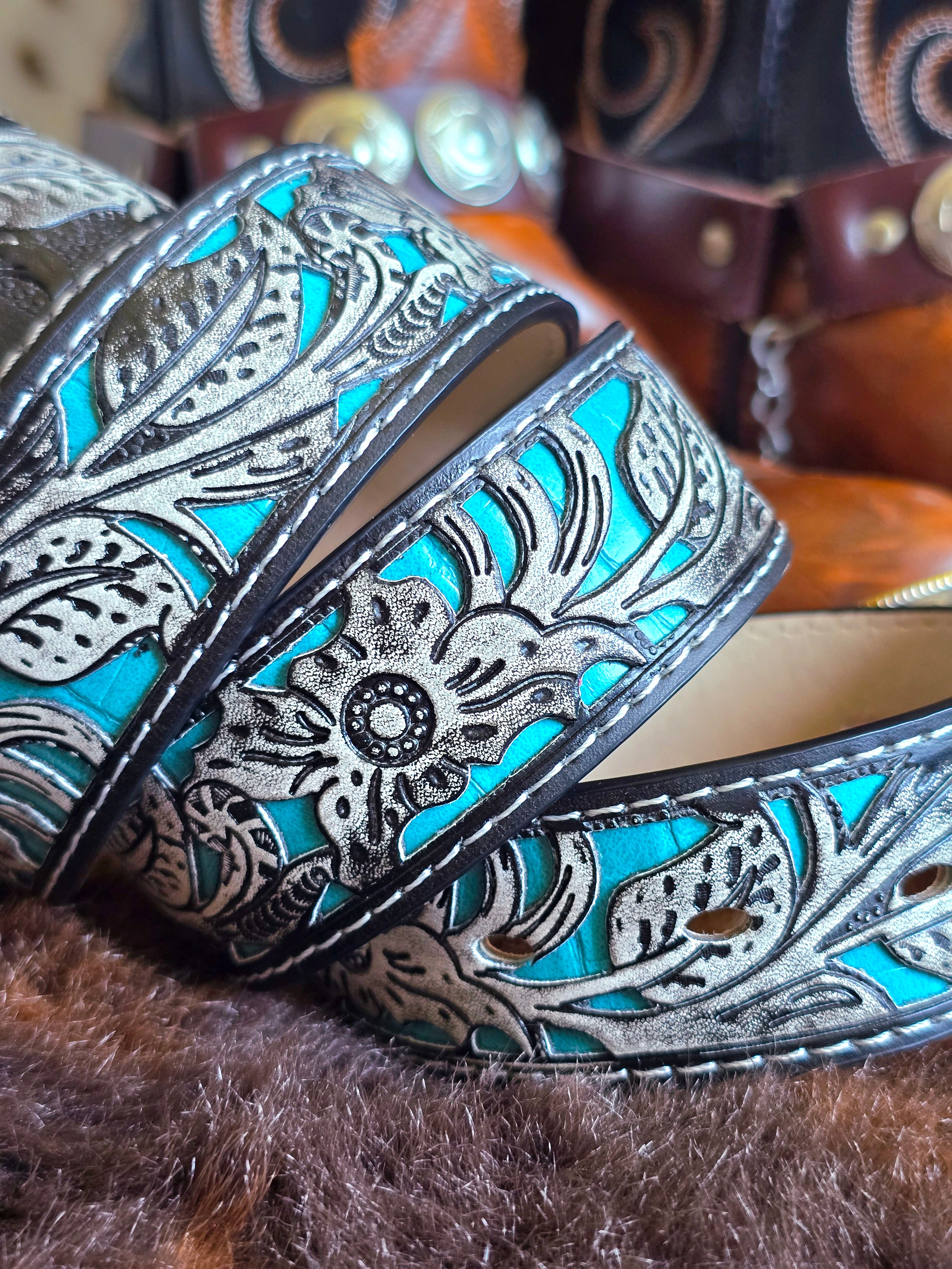 Vegan Friendly Grey & Turquoise Cowgirl Belt