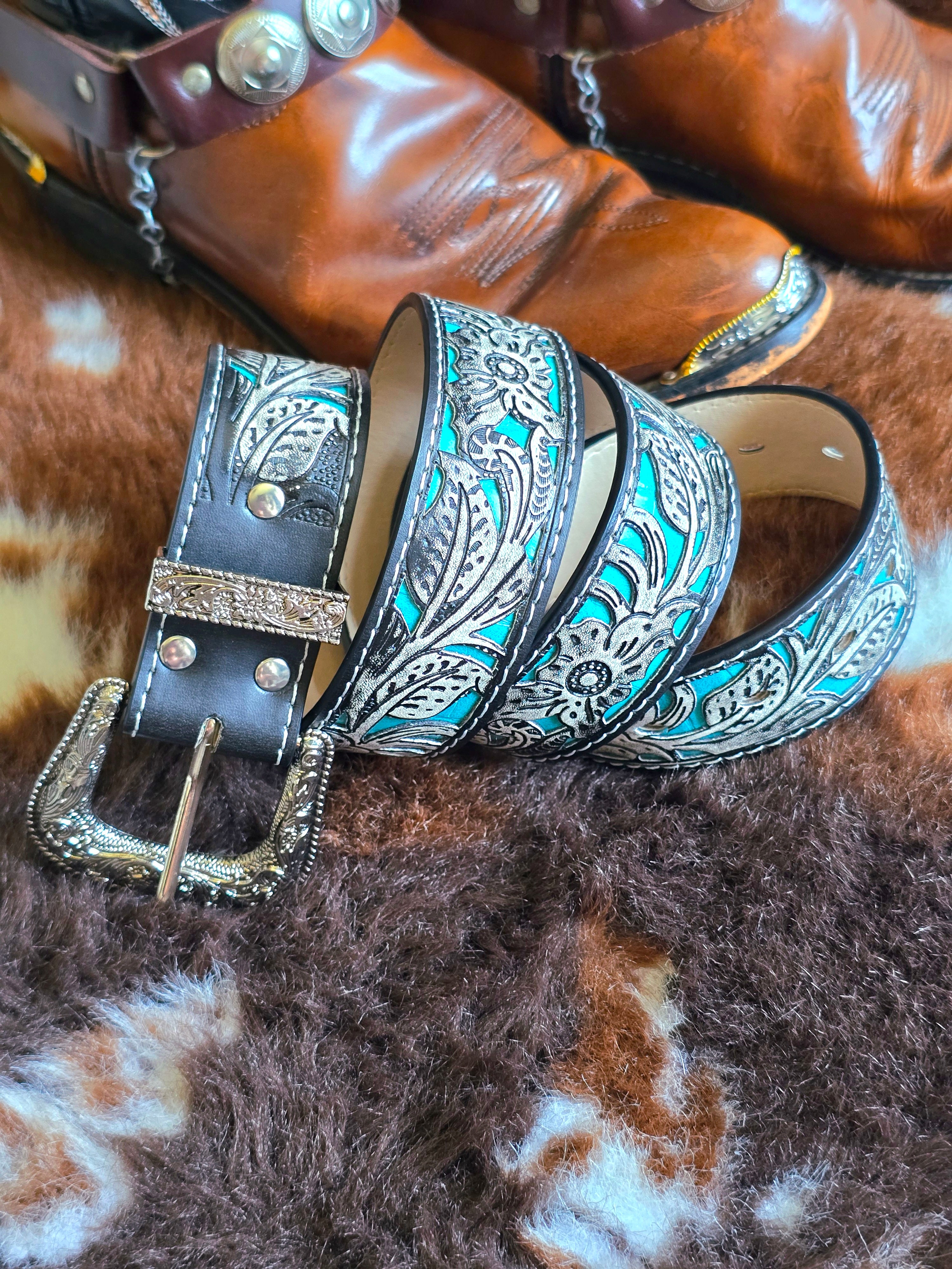 Vegan Friendly Grey & Turquoise Cowgirl Belt