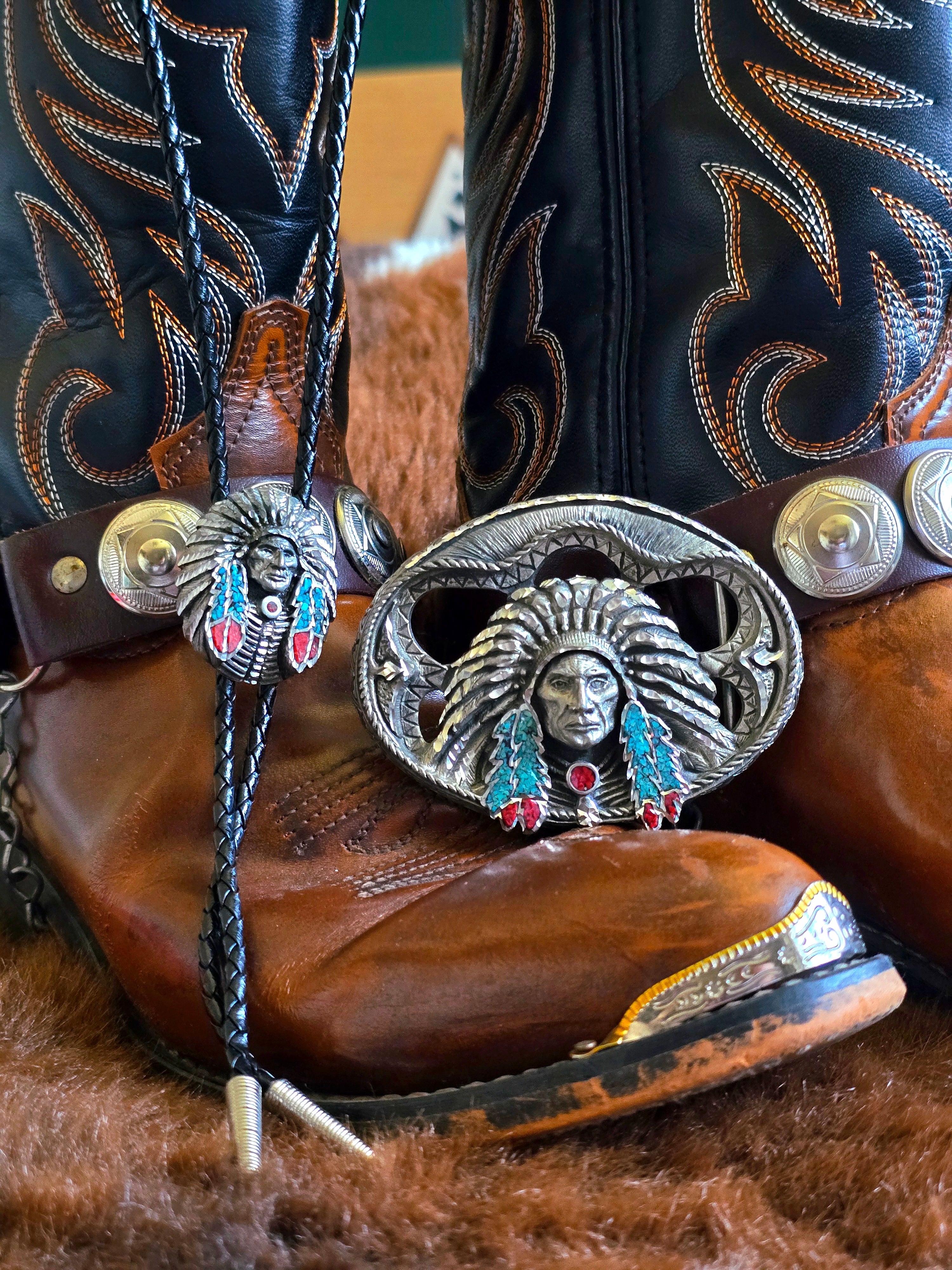 Native American Belt Buckle & Bolo Tie Set