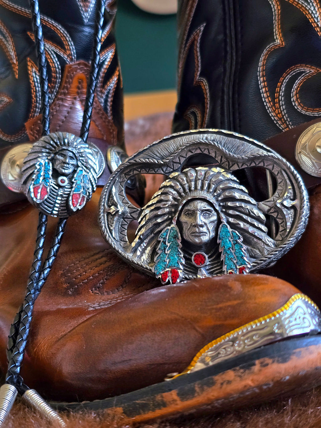 Native American Belt Buckle & Bolo Tie Set