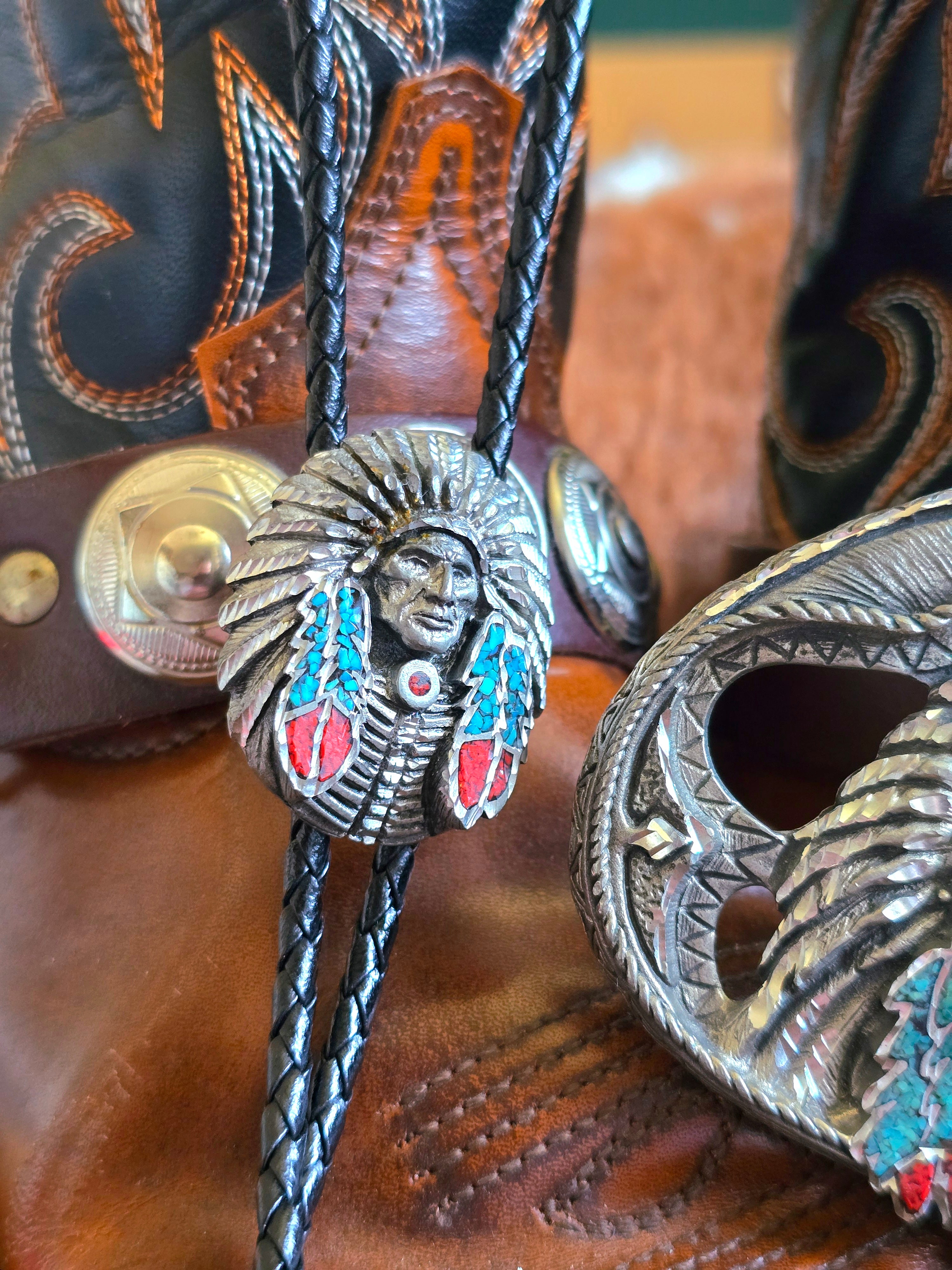 Native American Belt Buckle & Bolo Tie Set
