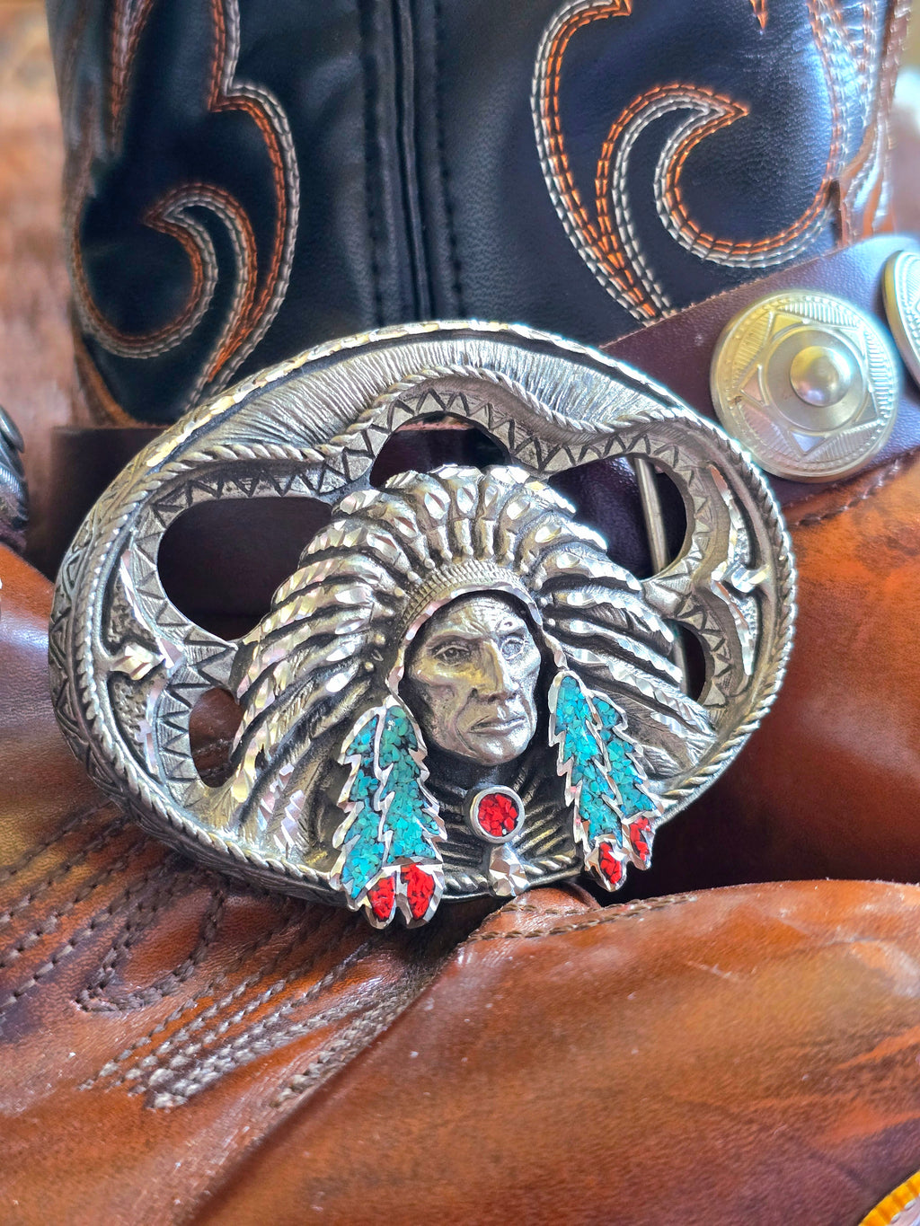 Native American Belt Buckle & Bolo Tie Set