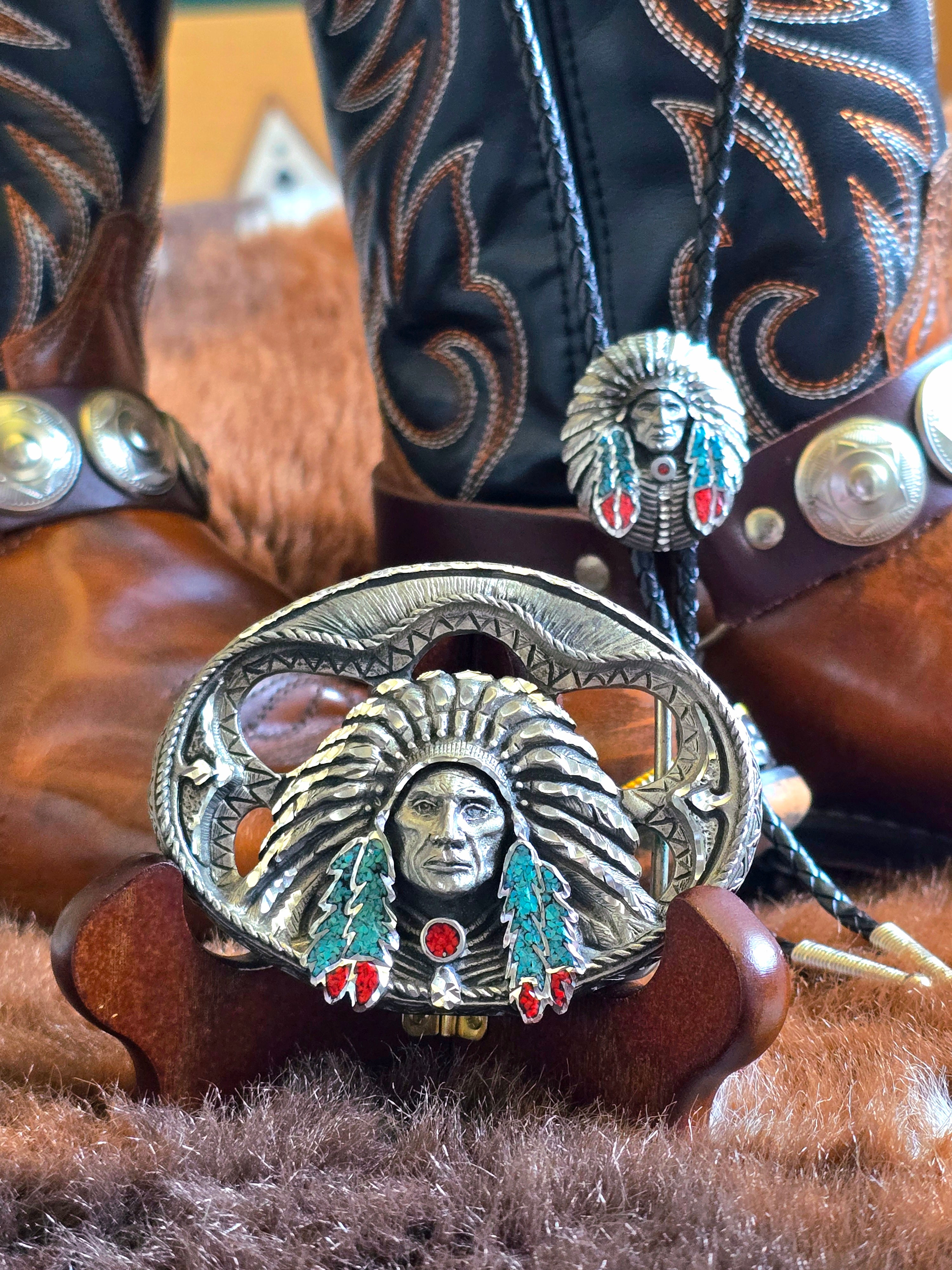 Native American Belt Buckle & Bolo Tie Set