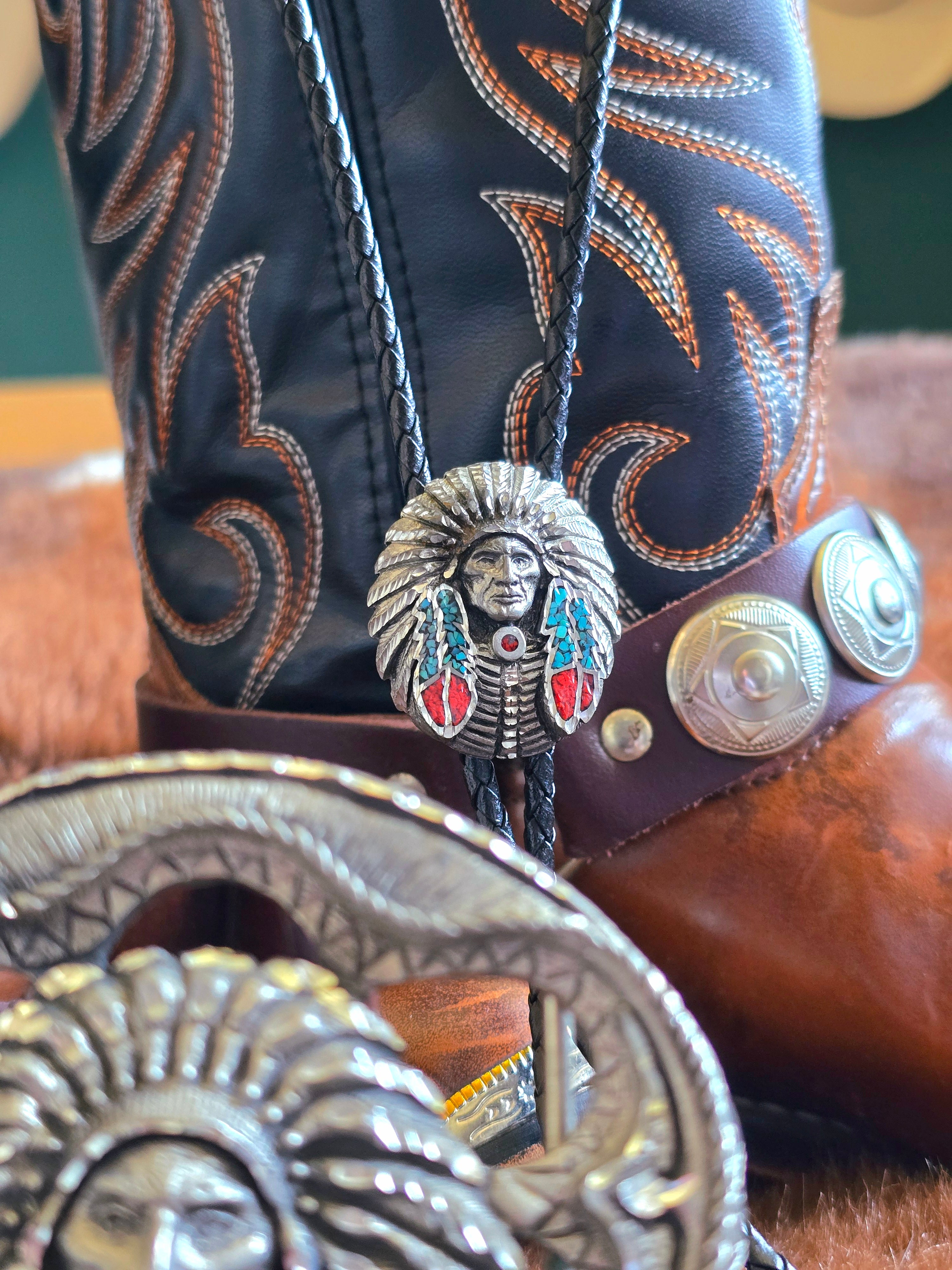 Native American Belt Buckle & Bolo Tie Set