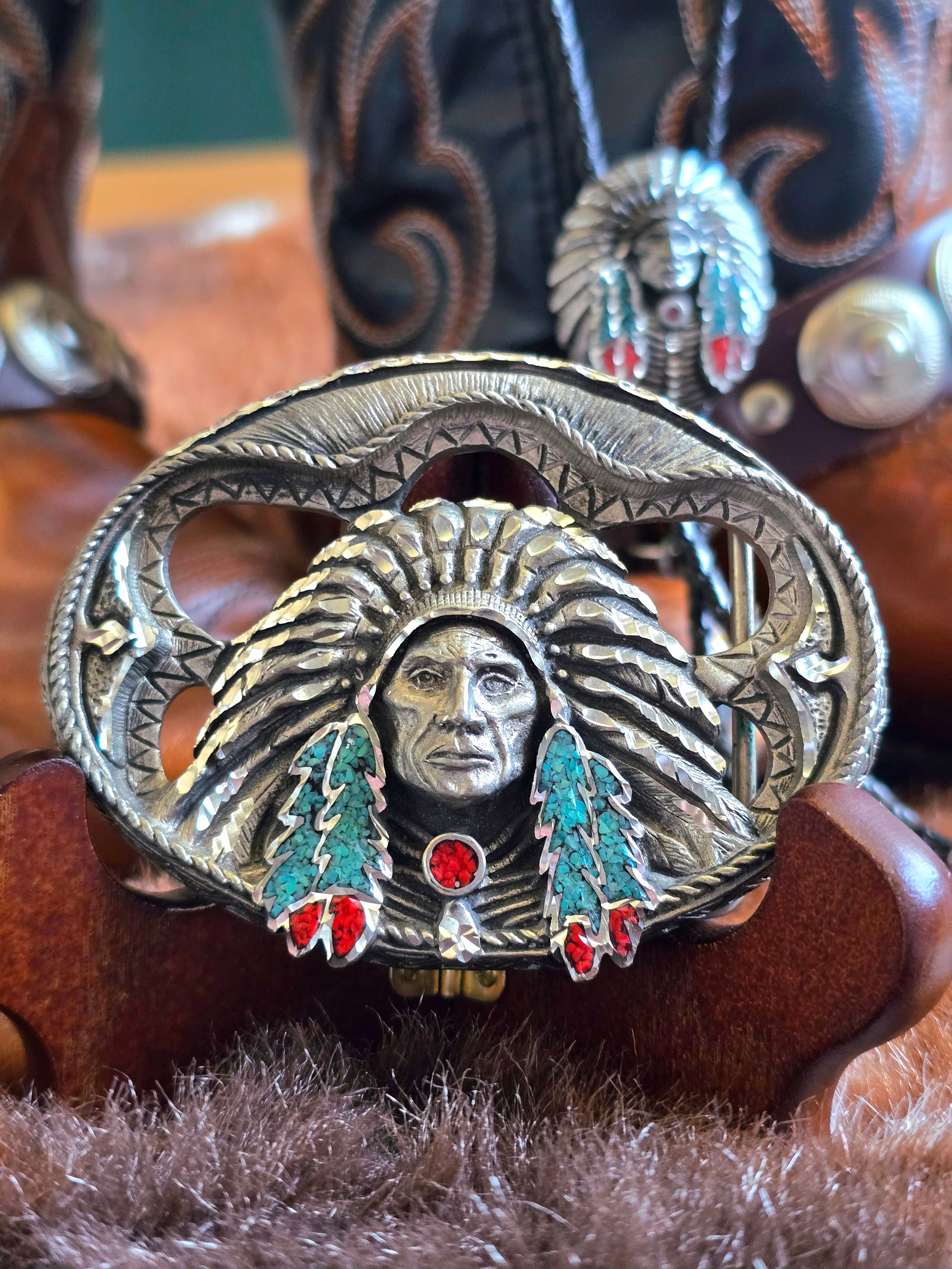 Native American Belt Buckle & Bolo Tie Set
