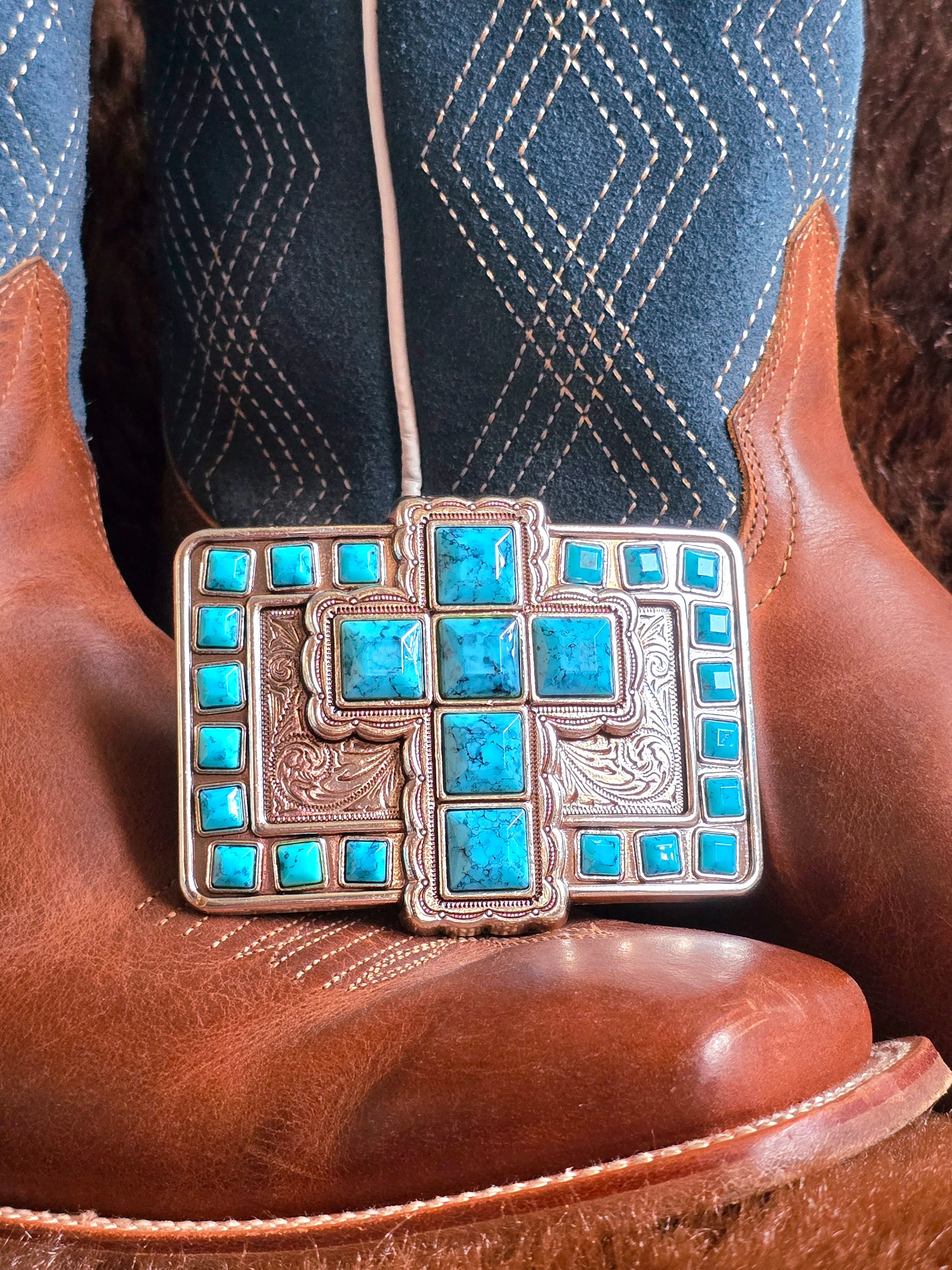Silver and turquoise belt buckle, trophy. Cowgirls. Western clothing.