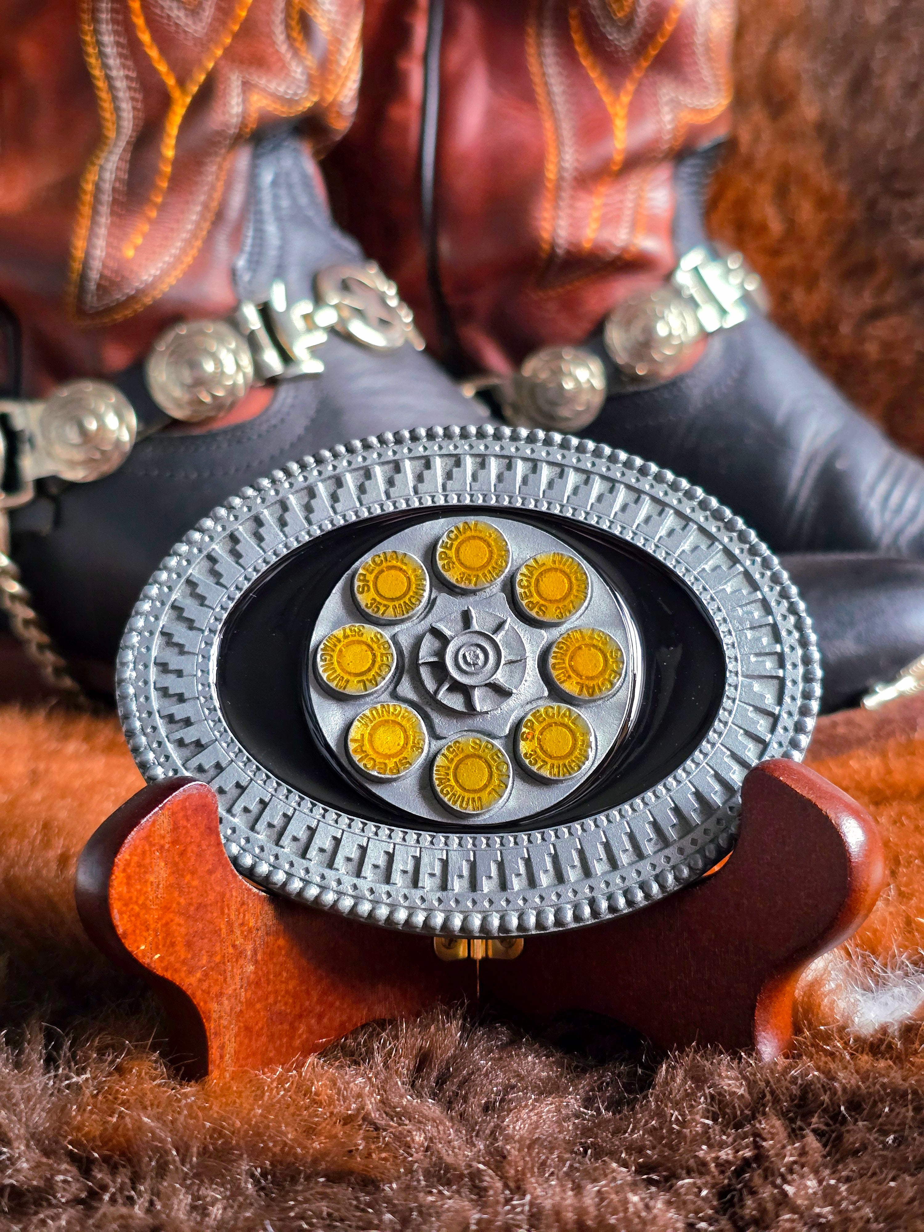 Western Revolver Chamber Belt Buckle