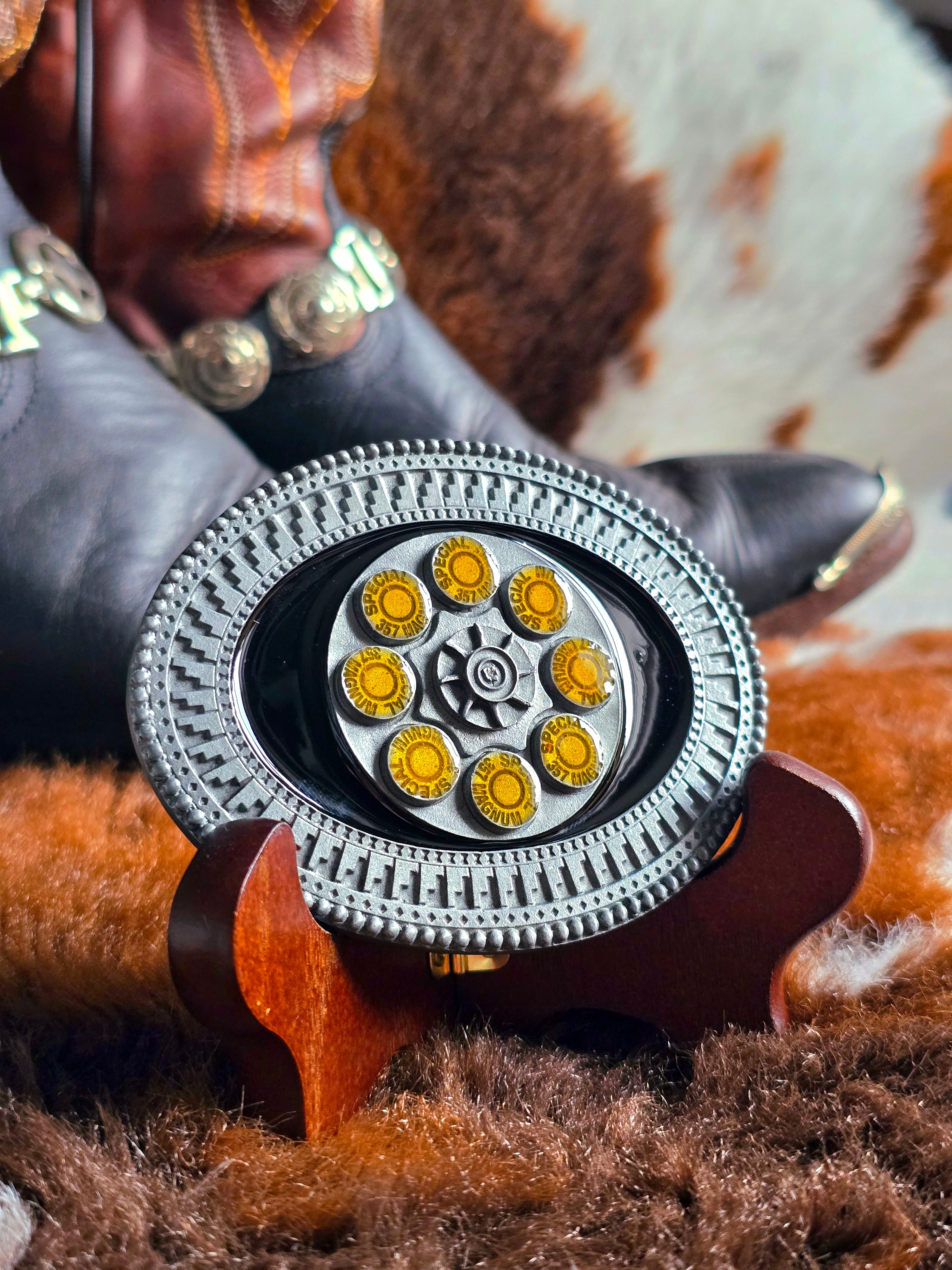 Western Revolver Chamber Belt Buckle