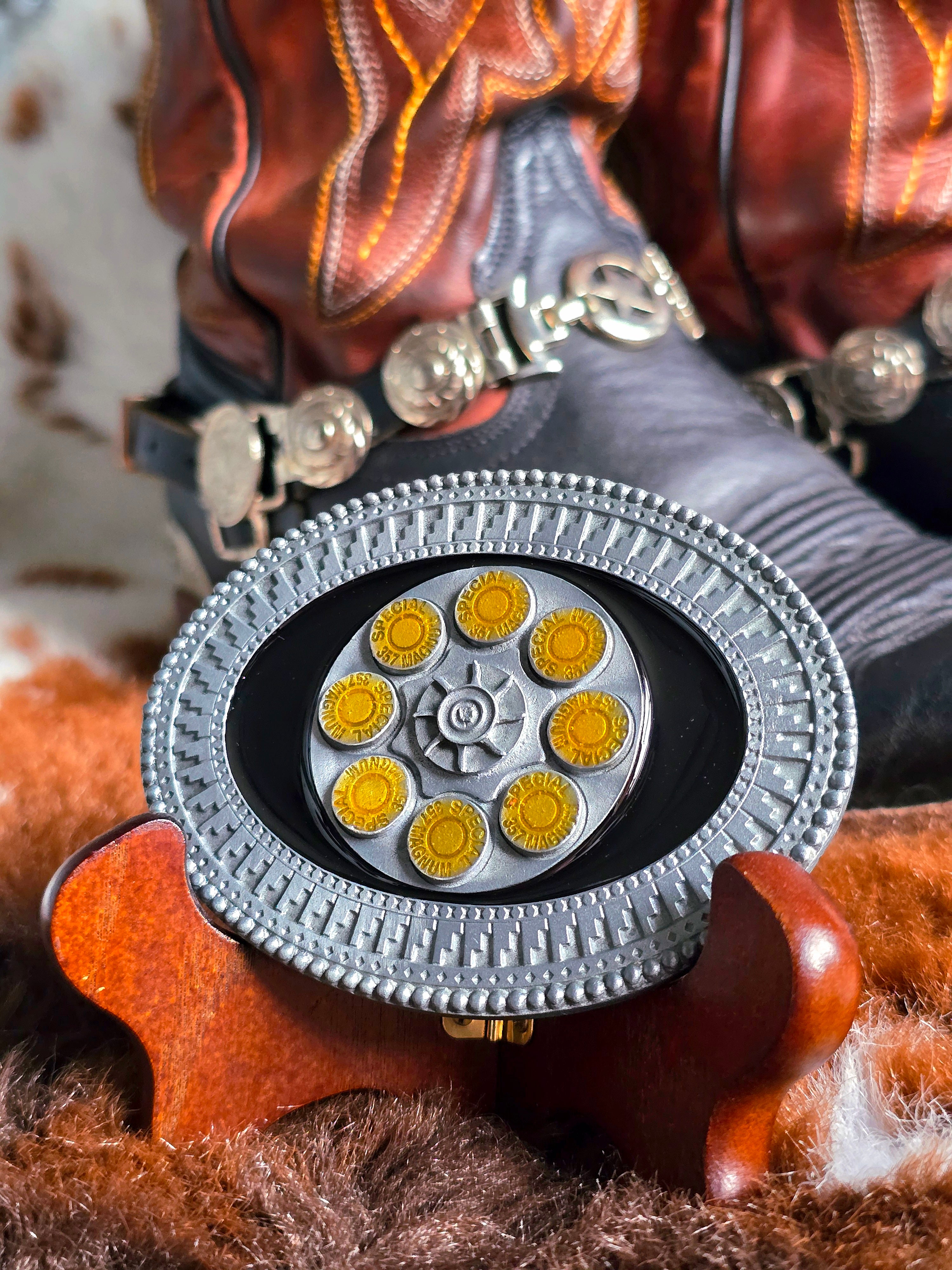 Western Revolver Chamber Belt Buckle