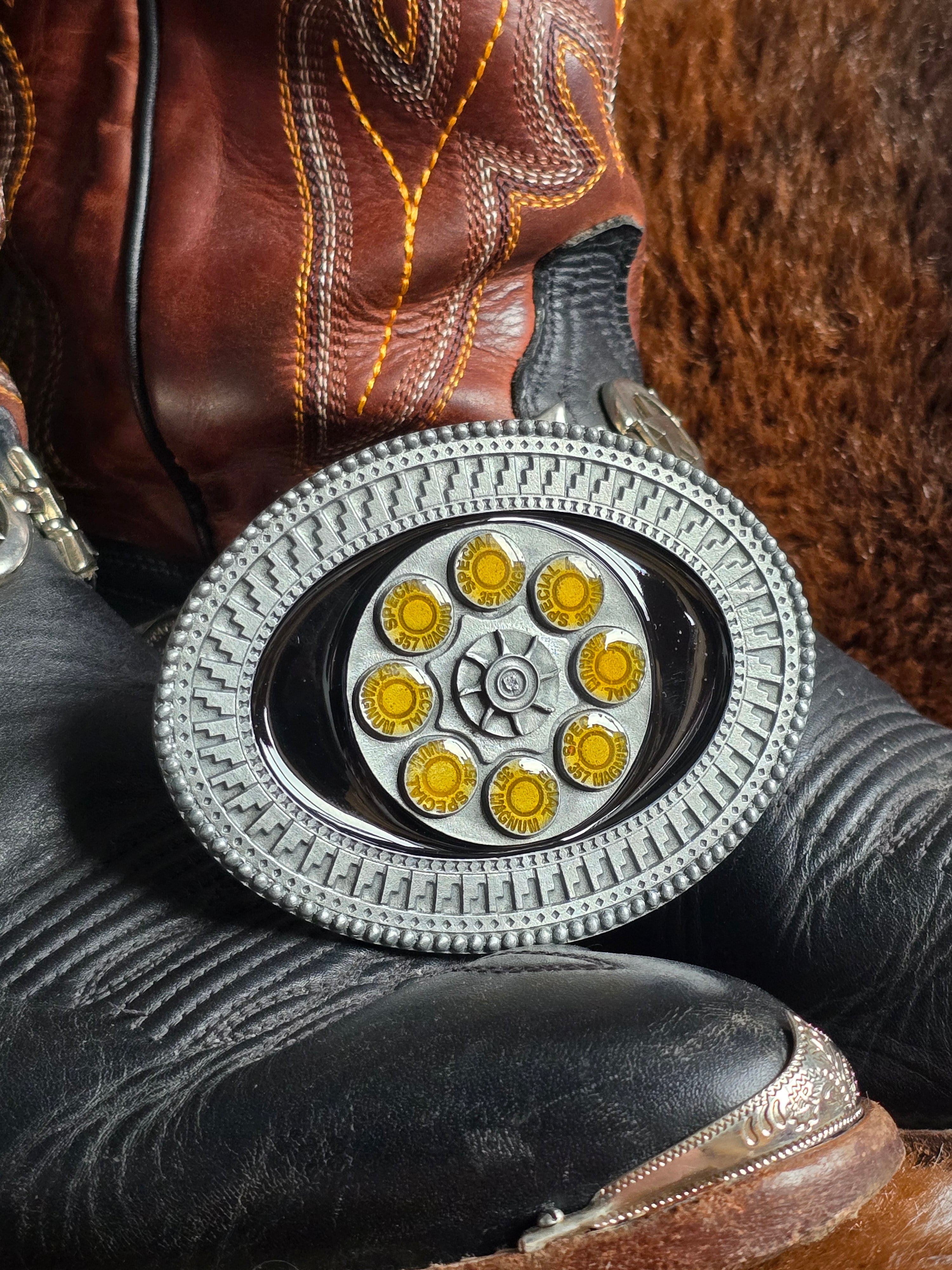 Western Revolver Chamber Belt Buckle